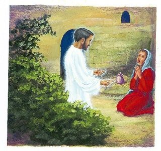 Jezus luisteren naar een vrouw bidden